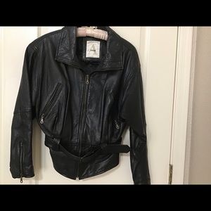 Black biker style leather jacket.